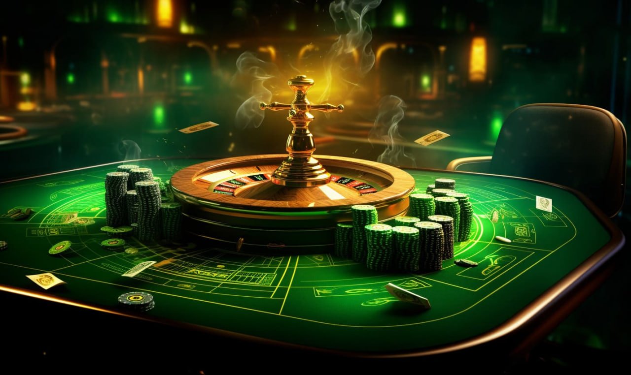 Suasana main meja judi dengan kartu dan chip tersusun rapi
